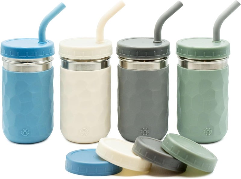 WeeSprout 2-in-1 Drinking Cups for Kids, Durable Stainless Steel Tumbler for Smoothies, Silicone Straws with Stoppers, Premium Plastic Twist Lids, Easy-Grip Sleeves, Set of 4 Dishwasher Safe Kid Cups - Image 1